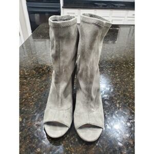 Noni Women's Gray Textile Upper Mid Calf Peep Toe Block Heels Casual Booties 8